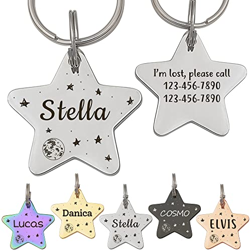 Anavia Starry Sky Theme Pet ID Tags in Half Moon & Star Shape, Personalized Dog Name Tag Cat Tag, Glossy Stainless Steel Gold Plated Black Rainbow Dog Collar Tag (Large, Star Shape, Silver) - color: Silver, size: Large, style: Star Shape