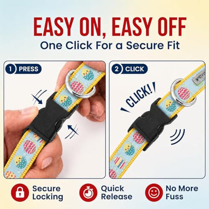 THE WORTHY DOG Spring Holiday Easter Eggs Dog Collar – Durable Nylon, Woven Ribbon, Quick-Release Buckle, Nickel D-Ring – Blue, Medium - color: Easter Eggs - Blue, size: Medium