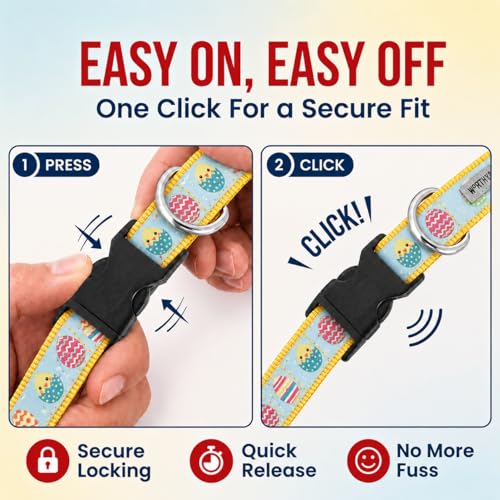THE WORTHY DOG Spring Holiday Easter Eggs Dog Collar – Durable Nylon, Woven Ribbon, Quick-Release Buckle, Nickel D-Ring – Blue, X-Large - color: Easter Eggs - Blue, size: X Large