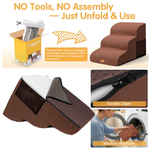 Topmart 3 Tiers Foam Dog Ramps,Non-Slip Pet Step,Extra Wide Deep Dog Stair | High Density Foam Pet Stairs/Ladder,Best for Older Dogs,Cats,Small Pets - color: Brown, size: 23.6*15.7*15.7