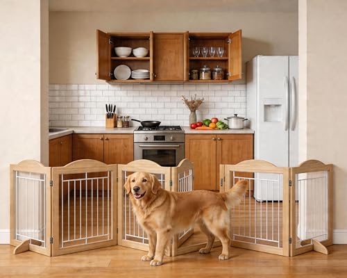 Vantas 144 x 30 inches Foldable Wooden Pet Gate with Door, Natural White | Walk-Through Easy, Freestanding, Extra Wide, Easy Storage, Easy to Move - color: Natural White-2, size: 【6-Panel with Door】144"W x 30"H