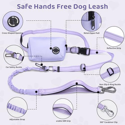 Hands Free Dual Handle Retractable Bungee Leash with Reflective Trim, Adjustable Waist Belt for Dog Walking, Running, Hiking - Durable Nylon Leash for Medium Large Dogs, Purple