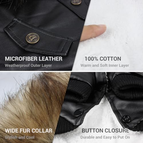 LESYPET Dog Leather Jacket for Small Dogs, Waterproof Dog Winter Jacket Puppy Coat with Fleece Lined, Ultra Warm Fur Collar Doggie Coat, Black M - color: Black, size: Medium