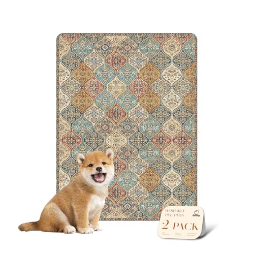 nunubaby Washable Pee Pads for Dogs, Stylish, Non-Slip and Leak-Proof Pee Mat. Ultra-Absorbent Reusable Potty pad for Crates and Floors.(Cream/Multi, 18" x24" ) - color: Cream/Multi, size: 18x24 Inch (Pack of 2)