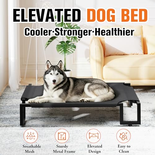 Elevated Dog Bed,Raised Outdoor Dog Bed for Large Sized Dogs,Portable Cooling Dog Cot with Washable Breathable Teslin Mesh,Waterproof Pet Bed for Indoor,Durable,No-Slip Feet,Black 110×76×21cm - size: L 110L×76W×20H cm