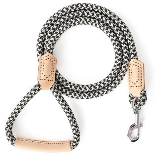 Mile High Life Dog Leash, Rope Leash with Genuine Leather Handle and Heavy Duty Metal Clasp, Great for Small Medium Large Dogs (Khaki Black, 4FT) - color: Leather Handle-Khaki Black, size: 48 Inch-1/2"