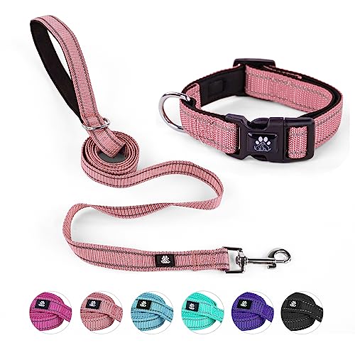 NESTROAD Dog Collar and Leash Set,Reflective Dog Collars with Quick Release Buckle,Adjustable Nylon Pet Collar for Small Medium Large Dogs(Small,Pink) - color: Pink, size: Small