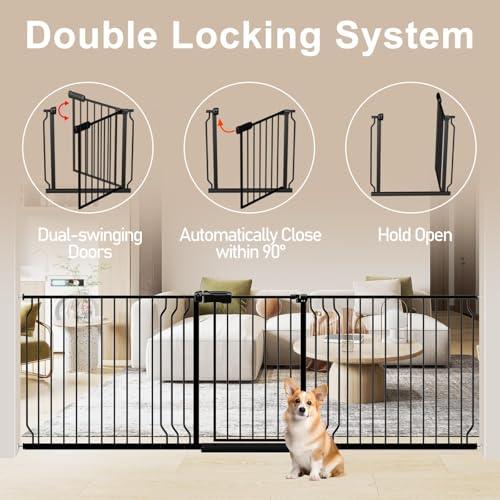 WAOWAO Baby Gate 110-134cm(43.3-53인치) 엑스트라 와이드 압력 장착 워크 스루 스윙 자동 닫힘 안전 블랙 메탈 유아 어린이 개 애완동물 강아지 계단, 출입구, 주방용 - color: 블랙., size: 43.3-52.75"/110-134cm