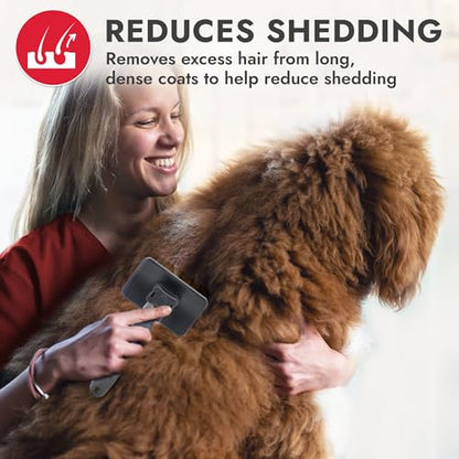 KONG Large Self-Cleaning Slicker Brush – Easy Hair Removal, Reduces Shedding, Non-Slip Grip, Long Metal Pins, for Medium to Large Dogs with Medium to Long Coats, Red/Gray - size: Large Self-Cleaning Slicker
