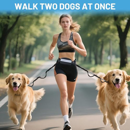 Hands Free Double Dog Leash No Tangle, Waist Leash for Dog Walking, Retractable Dog Leashes for Medium and Large Breeds-Pouch & Lumbar Support, Adjustable Waist Belt, Retractable Bungee,Padded Handles