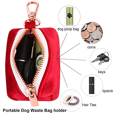 ARING PET Dog Waste Bag Dispenser, Soft Doggy Poop Bags Holders Attach to Any Leashes, Velvet Portable Washable Red Pet Waste Pouch Dispenser with Metal Zipper - color: A:red