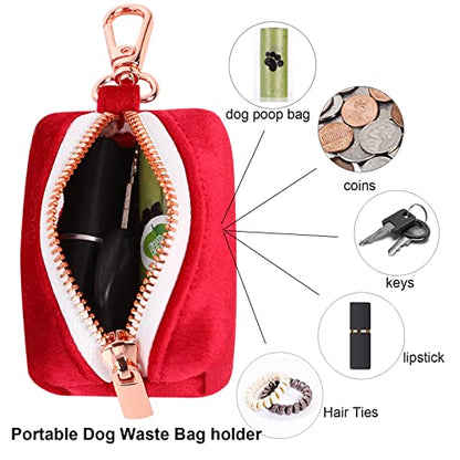 ARING PET Dog Waste Bag Dispenser, Soft Doggy Poop Bags Holders Attach to Any Leashes, Velvet Portable Washable Red Pet Waste Pouch Dispenser with Metal Zipper - color: A:red