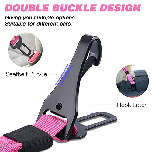 AUBELL Dog Seat Belt for Car,2 Pack Set 3-in-1 Adjustable Reflective Bungee Heavy Duty Dog Car Harness Tether with Clip Hook Latch & Buckle,Swivel Zinc Alloy Carabiner,Black+Hotpink - color: Set Black+Hotpink
