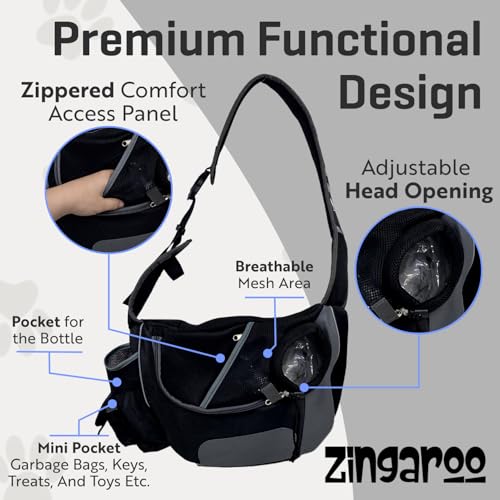 Hands-Free Sling Pet Carrier for Cats and Small Dogs up to 7lbs – Travel Set Includes Foldable Water Bowl & ID Card – Breathable Mesh, Safety Hook & Adjustable Padded Strap for Walking & Travel - color: Black