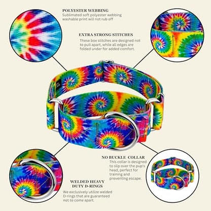 Country Brook Petz - HossFit Jr Wide Martingale Dog Collar - Groovy Collection Featuring Far Out Designs (Classic Tie Dye, Medium) - color: Classic Tie Dye, size: Medium (Pack of 1)