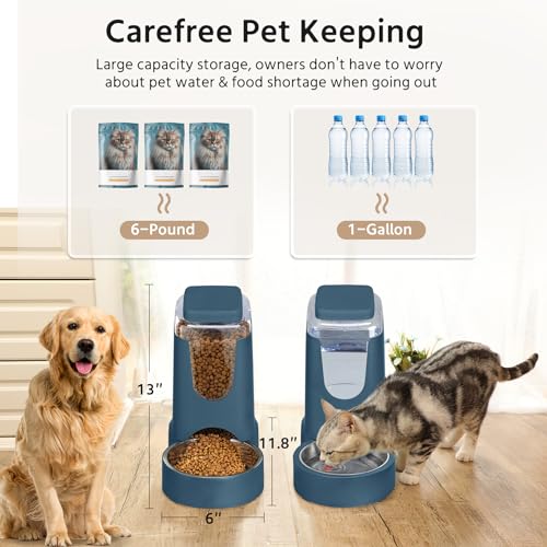 2 Pack Automatic Cat Feeder and Dog Food Feeder, Gravity Stainless Steel Water Dispenser and Waterer Set for Small Medium Puppy Kitten Pets (1 Gallon x 2, Navy Blue) - color: 1 Gallon x 2 - Navy
