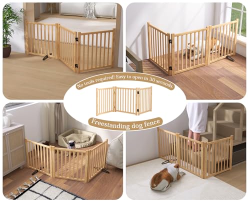 Wooden Freestanding Dog Gate Indoor, 23" H Foldable Dog Gates, No-Painted Portable Puppy Fence for Hallway Stairs, Doggy Barrier- 3 Panels - size: 【3 Panels】H:23''