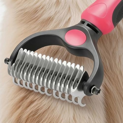 Pet Grooming Rake and Comb, Double-Sided Undercoat Detangling Dematting Tool, Stainless Steel, for Long and Short Hair Cats and Dogs (Red) - color: Red