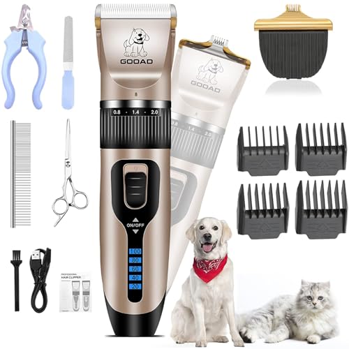 Dog Clippers for Grooming,Dog Grooming Kit for Heavy Thick Hair&Coats/Low Noise Rechargeable Cordless Hair Trimmer/Pet Shaver with Paw Trimmer for Small & Large Dogs Cats - color: Gold