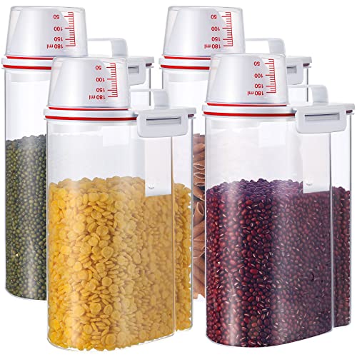 Rice Storage Bin 4 Pcs Cereal Containers Dispenser with Measuring Cup Plastic Storage Containers with Lids Kitchen Storage Bin Rice Holder Container Food Container Sets for Flour Cereal, 2.5 L (Red) - color: Red