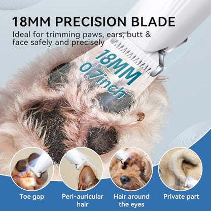 Dog Paw Trimmer, Pet Hair Trimmer with LED Light, 18mm Wide Head, 35dB Low Noise, Dual-Speed Waterproof USB Rechargeable Pet Hair Shaver for Dogs Cats Trimming Paws, Ears, Face, Rump, Eyes and Butt