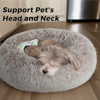 Calming Round Dog Bed & Cat Bed with Anti-Slip Bottom, Medium Size Washable Anti-Anxiety Donut Dog Beds for Small Dogs & Cats, Fluffy Plush Soft Dog Bed(24 Inch, Brown) - color: Brown, size: 24"l x 24"w x 8"th