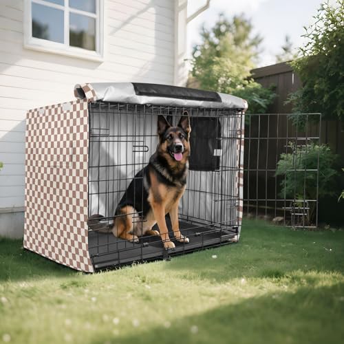 Taupe Plaid Checkered Crate Covers for Dog Cages Kennel Covers with Roller Shades 42 Inch - size: L--42 x 28 x 30 inches