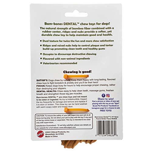 SPOT Bam-Bones Dental Bone - Made with Bamboo Fiber and a Massaging Rubber Center, Durable Oral Care Dog Chew for Light Chewers & Teething Puppies Under 25lbs, 6in Allergen Free Peanut Butter Flavor - size: Medium