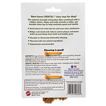 SPOT Bam-Bones Dental Bone - Made with Bamboo Fiber and a Massaging Rubber Center, Durable Oral Care Dog Chew for Light Chewers & Teething Puppies Under 25lbs, 6in Allergen Free Peanut Butter Flavor - size: Medium