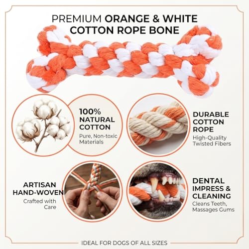 Bone-Shaped Dog Rope Chew Toy, Orange & White | Bone-Shaped Chew Toy, Durable Cotton Rope, For Teething, Training, Interactive Play, Small to Medium Dogs