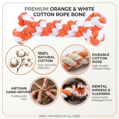 Bone-Shaped Dog Rope Chew Toy, Orange & White | Bone-Shaped Chew Toy, Durable Cotton Rope, For Teething, Training, Interactive Play, Small to Medium Dogs