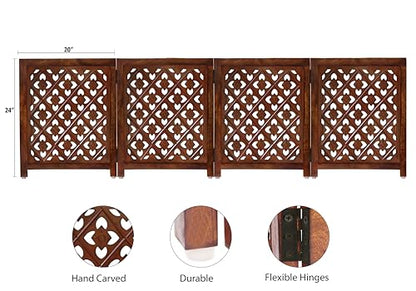 Wooden Foldable Pet Dog Safety Gate - 4 Panels Lattice 20 W x 24 H - Hand Carved Solid Wood & MDF - Free Standing Portable Indoor Doorway Hall Stairs Puppy Fence - Assembled - Antique Brown - IRONGATE