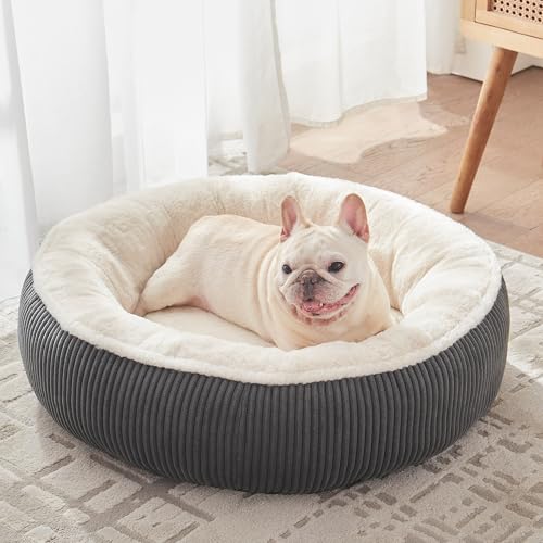30 inches Donut Dog Bed for Medium Dogs,Calming Round Pet Bed with Removable & Washable Cover,Plush Faux Fur & Corduroy, Fits up to 30 lbs Pets(Dark Grey,Medium) - color: Dark Grey, size: 30.0"L x 30.0"W x 8.0"Th
