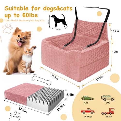 Dog Car Seat for Medium/Large Dog Booster Seat Under 60 lbs or 2 Small Dogs, Multi-Functional Pet Car Seat with Thick Cushion, 2 Safety Leashes (Pink) - color: Pink