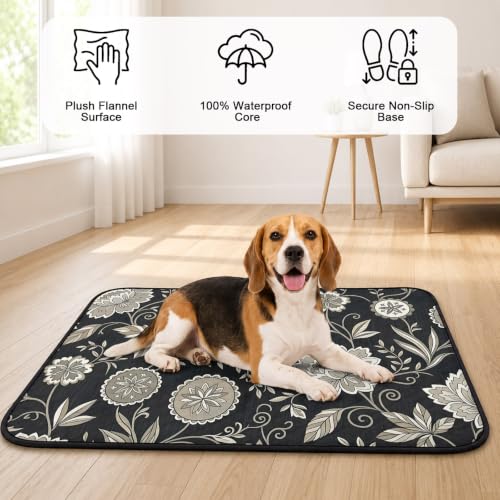 Large Blooms Washable Pee Pads for Dogs, Charcoal Linocut Texture Reusable Puppy Pad Waterproof & Non-Slip, Multi-Use Potty Training Mat for Crates, Indoor, Outdoor and Car Travel 36"x24" - size: 36"x24"