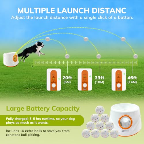 Automatic Dog Ball Launcher for Small/Medium Dogs - Small Silent Design, 3 Distance Settings (20ft/33ft/46ft), Rechargeable, 10 Durable 2.3" Balls Included (Dog Ball Launcher-Orange) - color: Dog Ball Launcher-Orange