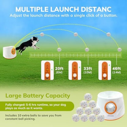 Automatic Dog Ball Launcher for Small/Medium Dogs - Small Silent Design, 3 Distance Settings (20ft/33ft/46ft), Rechargeable, 10 Durable 2.3" Balls Included (Dog Ball Launcher-Orange) - color: Dog Ball Launcher-Orange