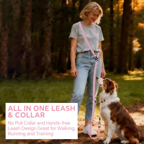 QQPETS Adjustable Slip Lead Dog Leash, Hands Free Waist Leash for Dog Walking, Reflective Training Lead with 360° Swivel Anti-Tangle, 4-7 ft Length for All Breeds - color: Pink Heart