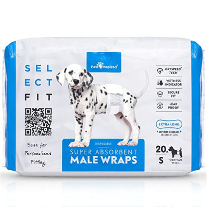 Paw Inspired Select Fit Male Dog Diapers, Disposable Male Wraps with Wetness Indicator| Belly Bands for Small, Medium, Large Dogs (Small, 20 Count) - size: Small
