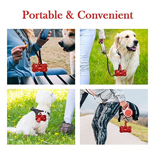 SAVORI Dog Poop Bag Holder Bling Crystal Dog Waste Bags Dispenser for Pet Dog Doggy with Carabiner Clip Includes 1 Roll 15 Bags (Red) - color: Red