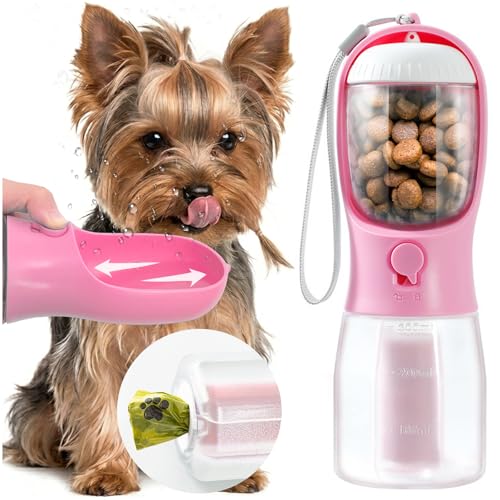 Portable Water Bottle for Small Dogs, 3 in 1 Animal Pet Travel Bowl Dispenser with Food Treat Container & Poop Bag Holder, Summer Hiking Walking Accessories for Puppy On The Go - Pink, 10oz - color: Pink, size: 10oz