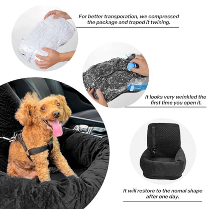 Dog Car Seat for Small Medium Dogs Up to 40lbs, Detachable Washable Soft Pet Booster Travel Bed for Front & Black Seat with Safety Leash Belt - color: Black