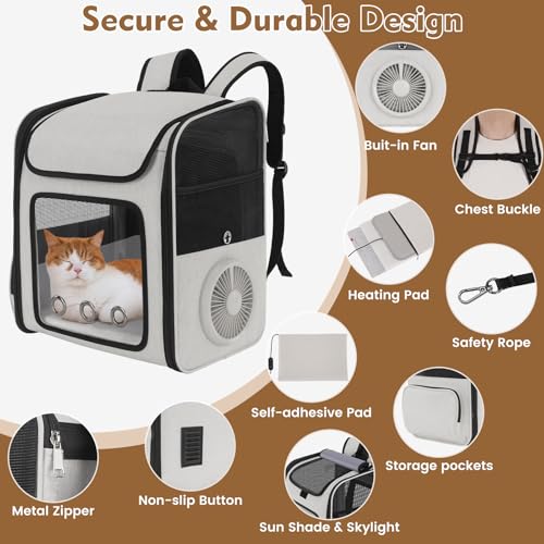Cat Backpack Carrier with Cooling Fan & Heating Pad, Expandable & Breathable Pet Backpack for Cats & Small Dogs, Travel Carrier for Hiking, Vet Visits, Grey