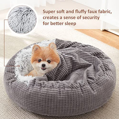 MIXJOY Dog Bed with Blanket, Round Calming Cozy Cave for Medium Dogs, Soft Plush Cuddler Puppy Bed and Burrow Cave, Anti-Slip Bottom, 26inch - size: 26.0"L x 26.0"W x 6.0"Th