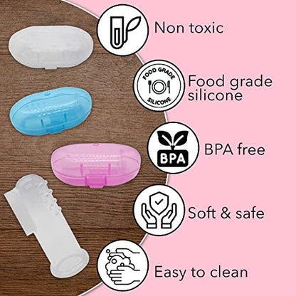 Gadgetime USA Baby Finger Toothbrush Set - Silicone Toddler Toothbrush with 3 Cases in Blue, Pink & Clear - Newborn Oral Massager