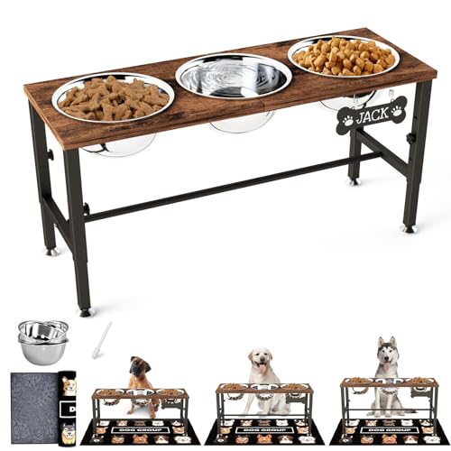 SHAINFUN Adjustable Height Elevated Dog Bowl Stand – Wooden Raised Dog Bowls with Three 58oz Stainless Steel Bowls & Mat for Small to Large Dog Breeds - color: Brown-1.7L-Three