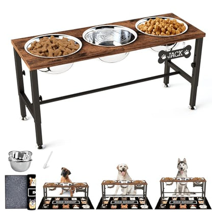 SHAINFUN Adjustable Height Elevated Dog Bowl Stand – Wooden Raised Dog Bowls with Three 58oz Stainless Steel Bowls & Mat for Small to Large Dog Breeds - color: Brown-1.7L-Three