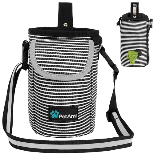 PetAmi Dog Treat Pouch, Large 3-Cup Dog Training Treat Bag with Poop Bag Dispenser, Hands-Free Waist Belt & Crossbody Strap, Reflective with Multiple Pockets & Belt Clip (Stripe Black) - color: Black