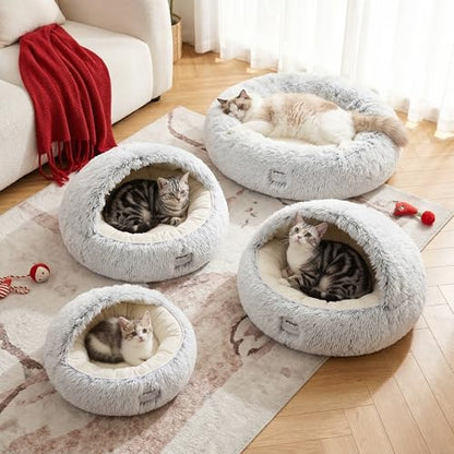 Cozy Zipper Convertible Cat Bed Cave, 2 in 1 Round Plush Donut Dog Bed with Removable Hood, Warm Fuzzy Enclosed Pet Nest Bed for Small Dogs Kittens, Machine Washable (Grey, 19.7 in Small Size) - color: Grey, size: 19.7 in Small Size