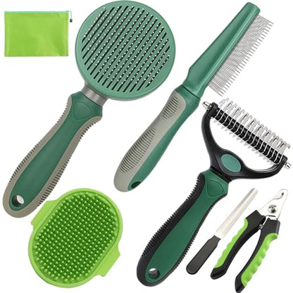 Pet Grooming Kit - 7 PCS Green Deshedding Brush Set with Undercoat Rake, Slicker Brush, Bath Brush & Nail Clipper for Short & Long-Haired Dogs and Cats - color: A-Green